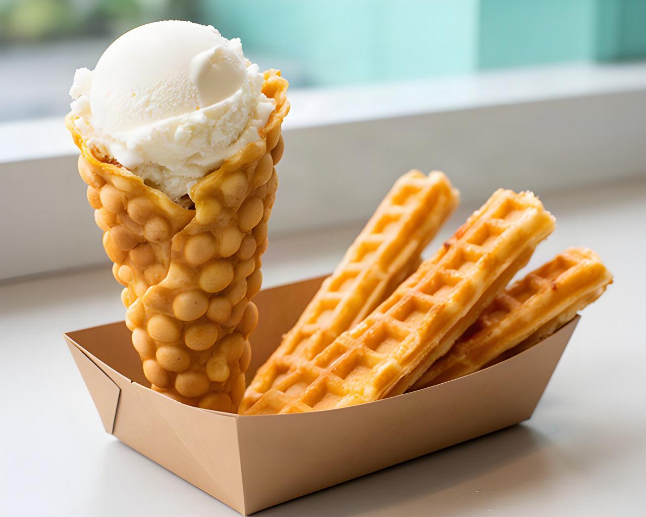 Bubble waffle cone filled with vanilla ice cream beside golden waffle sticks in a paper tray