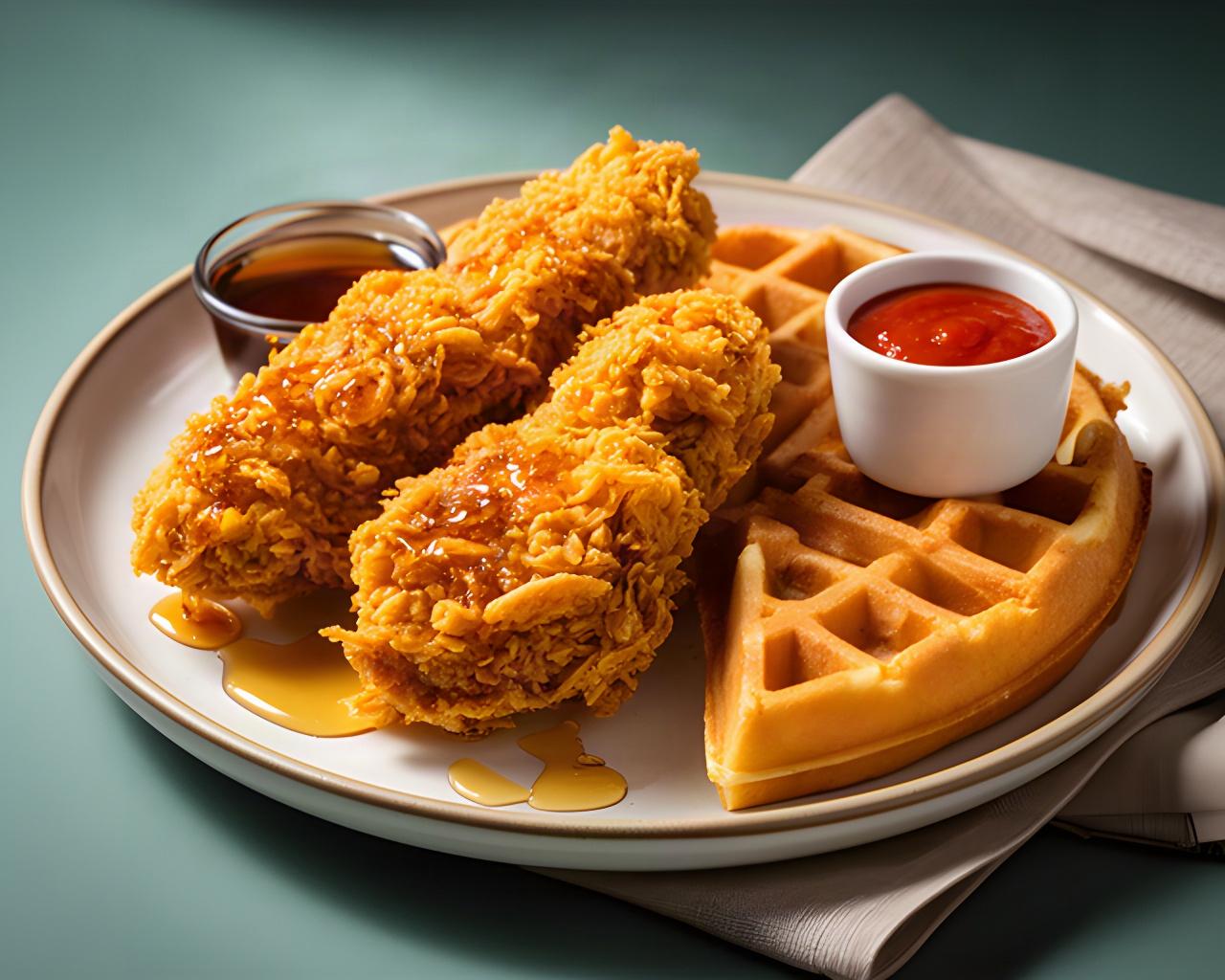 Crisp fried chicken pieces beside a golden waffle with maple syrup and a small cup of hot sauce