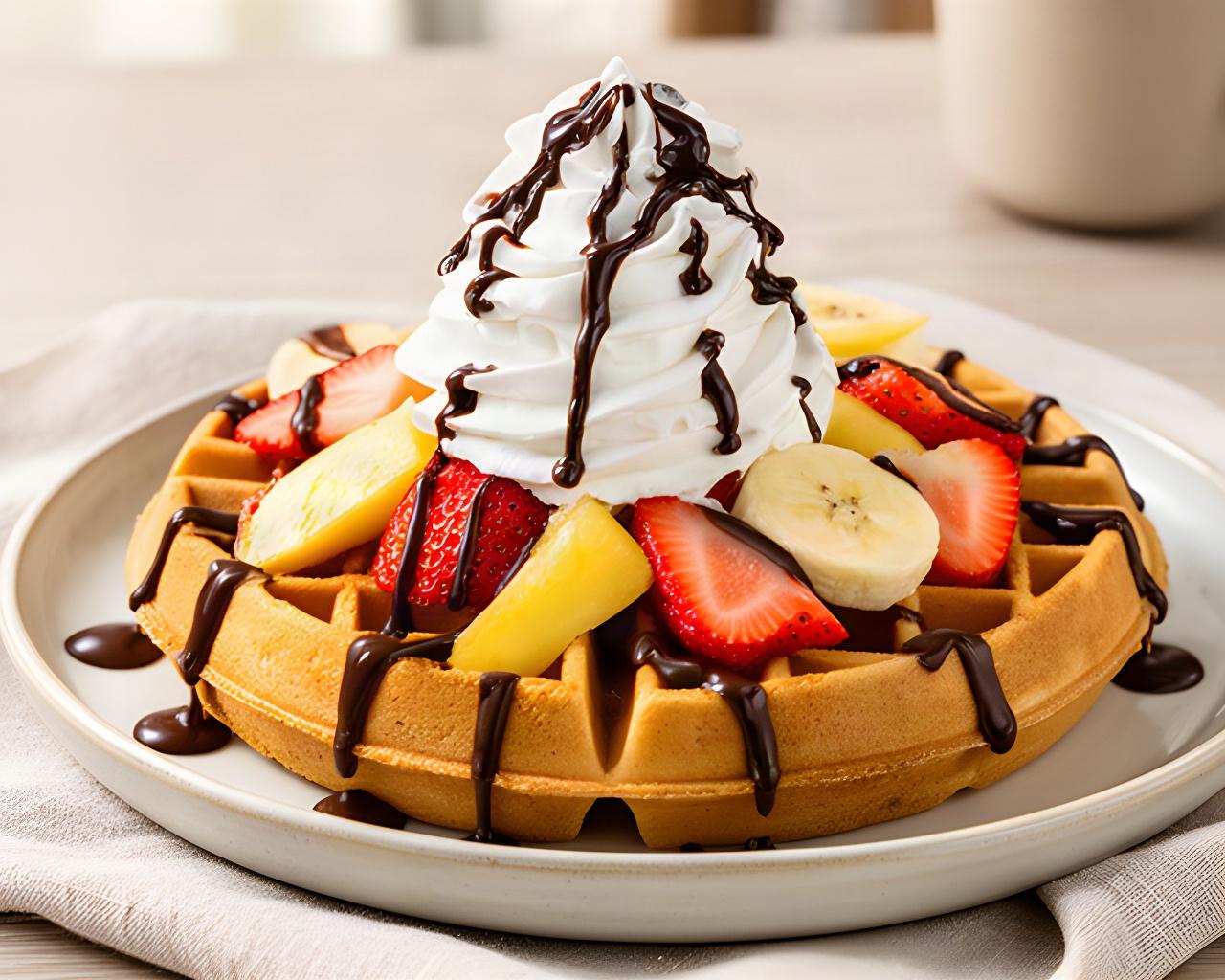 Belgian waffle topped with strawberries, sliced banana, whipped cream, and chocolate drizzle