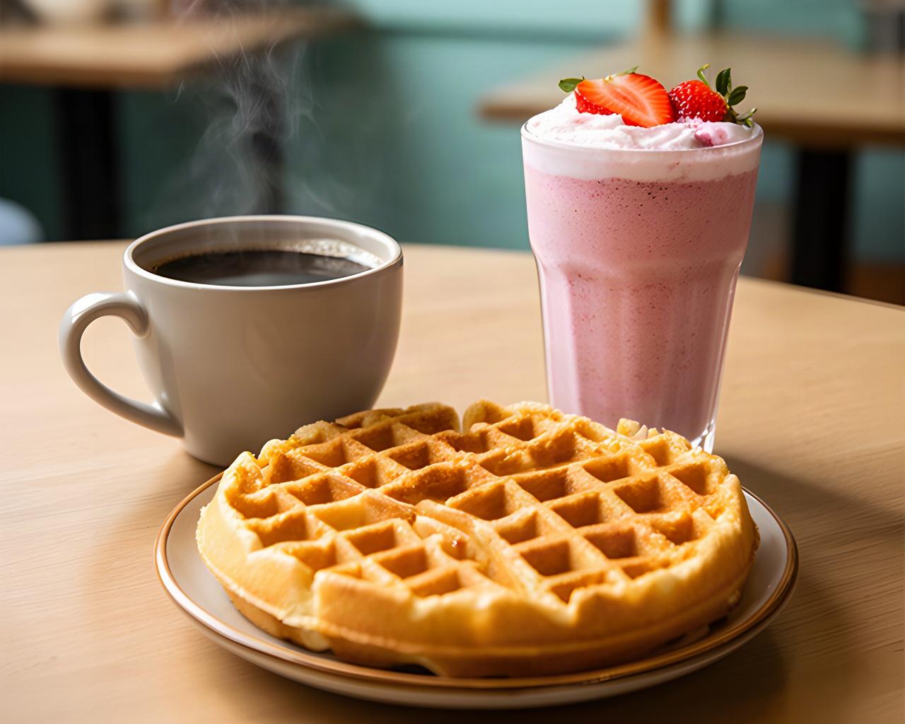 Freshly brewed coffee and a strawberry milkshake served beside a waffle at a neighborhood cafe table