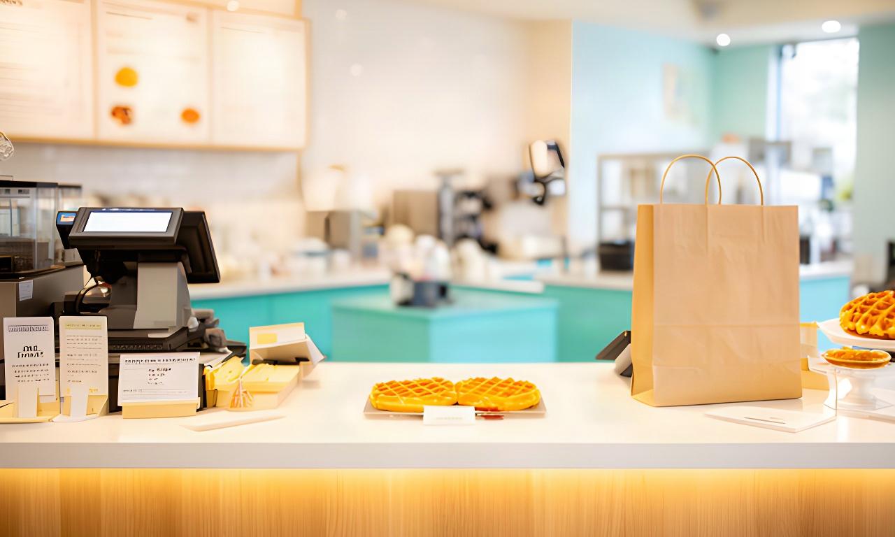 Waffle shop service counter prepared for a customer placing a pickup order