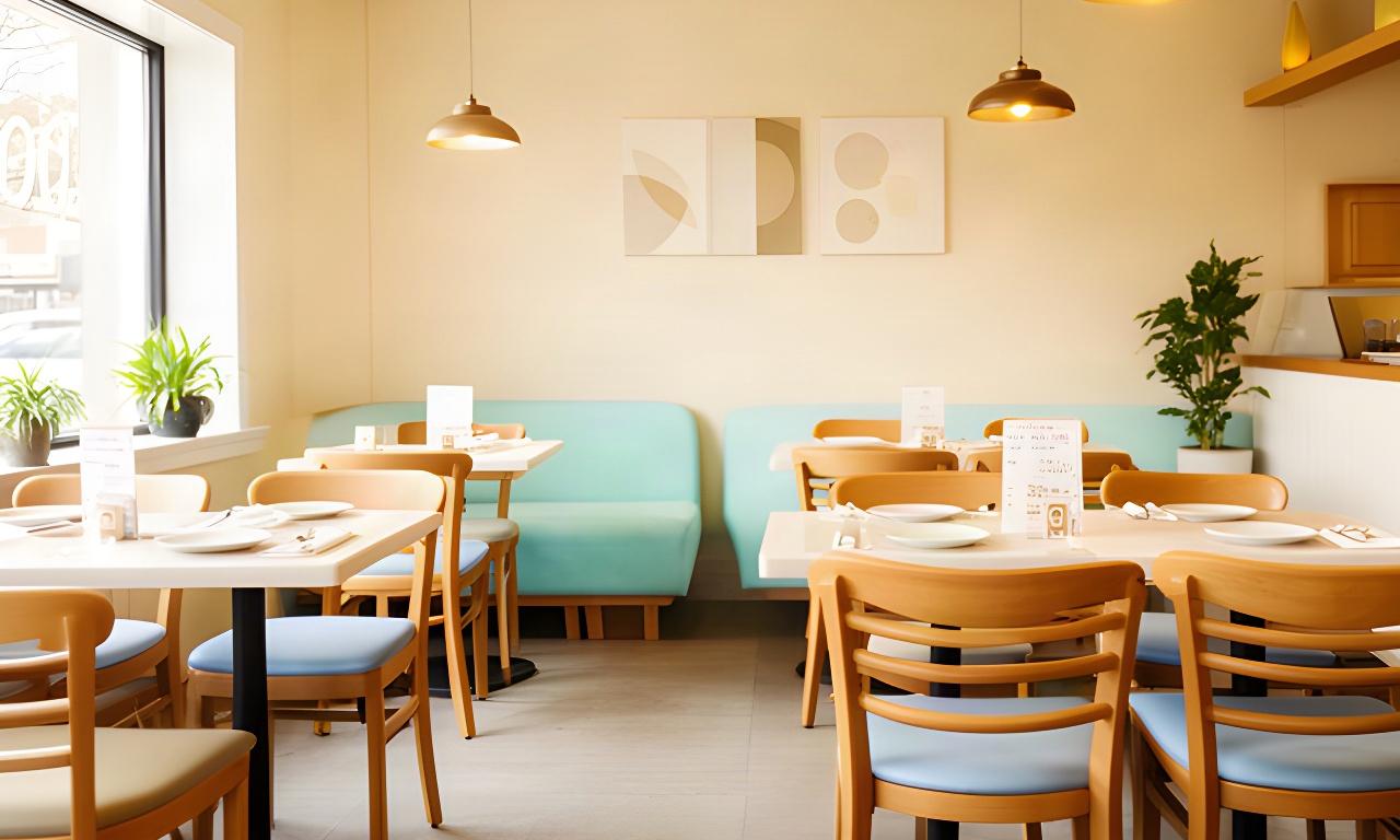 Simple dining area inside a neighborhood waffle shop, with tables set for guests