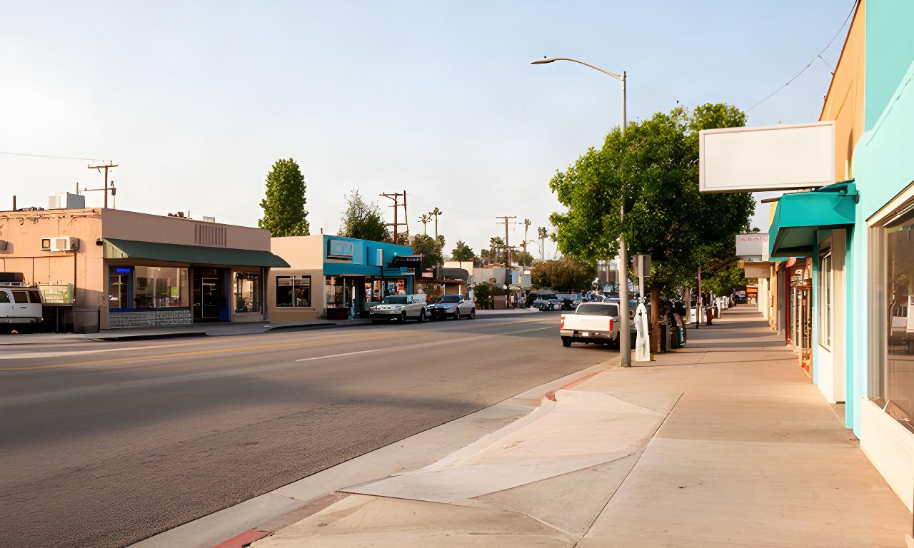 View along a Lynwood neighborhood street with sidewalks and local businesses near Thorson Avenue