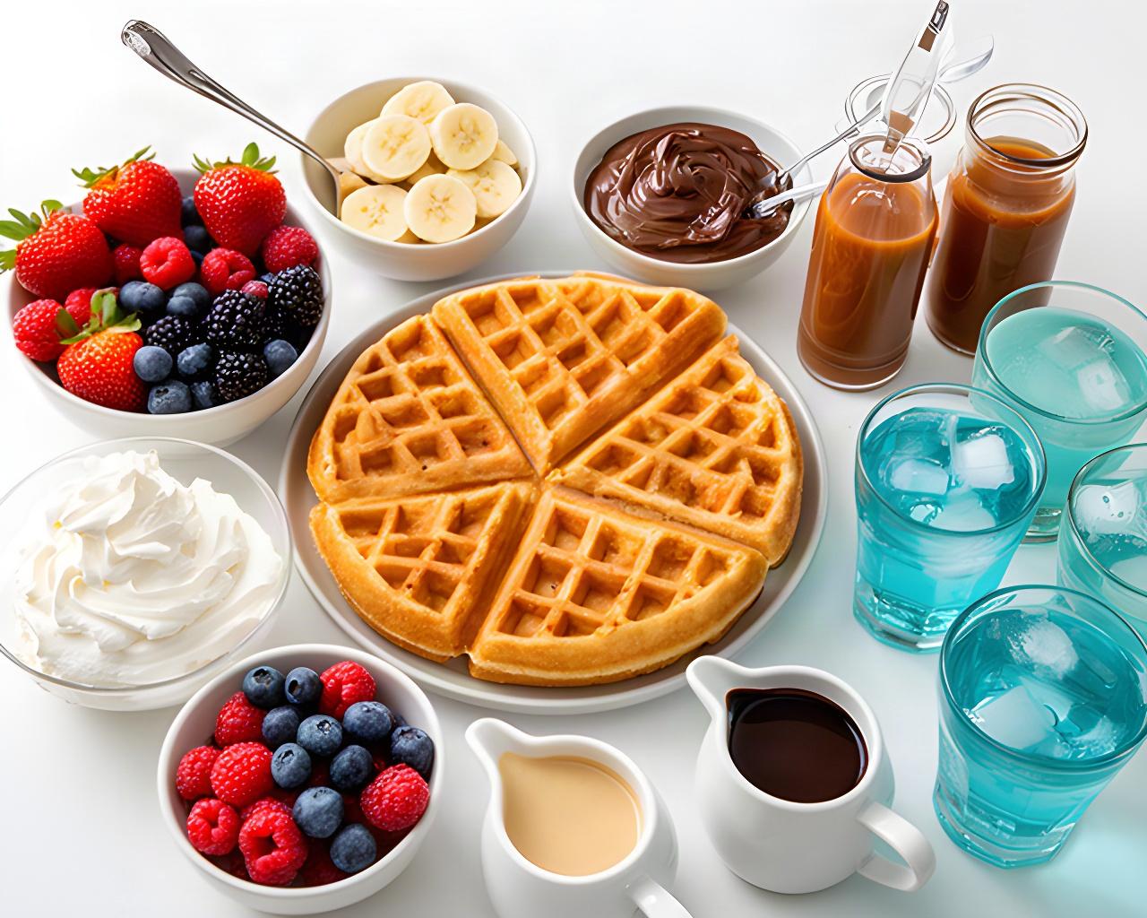 Bowls of berries, sliced bananas, whipped topping, drizzle sauces, and drinks arranged beside fresh waffles for guests to customize