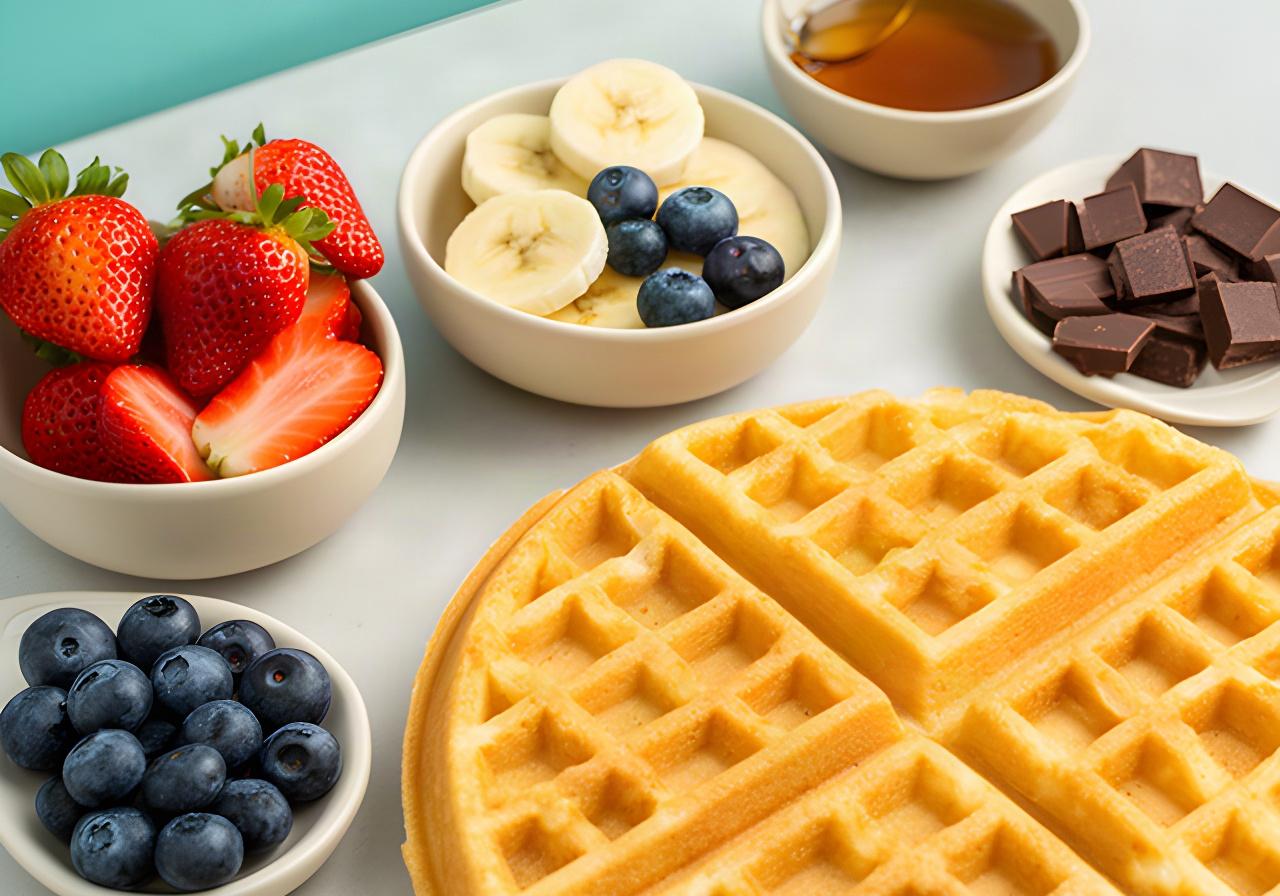 Fresh berries, sliced banana, chocolate pieces, and syrup ready to top a waffle order