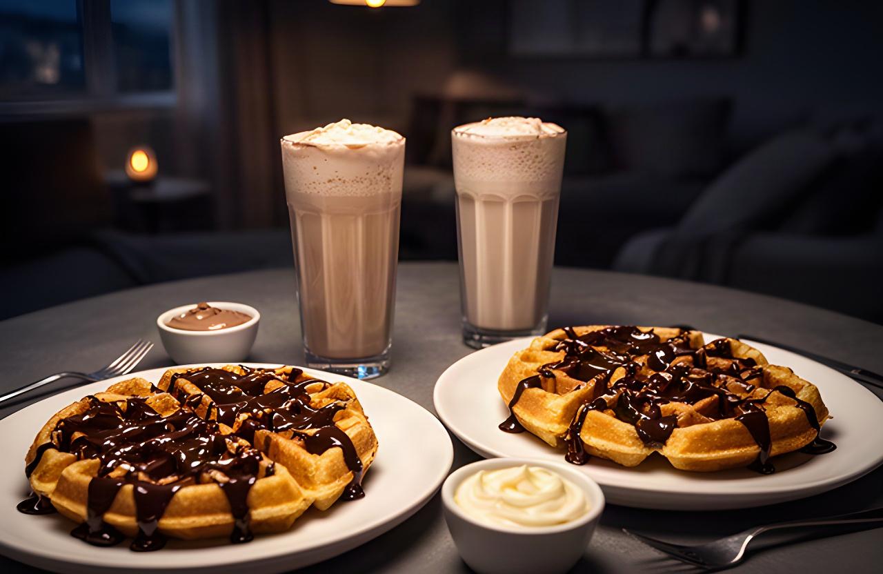 Two plated sweet waffles with chocolate sauce and milkshakes set for an evening at home
