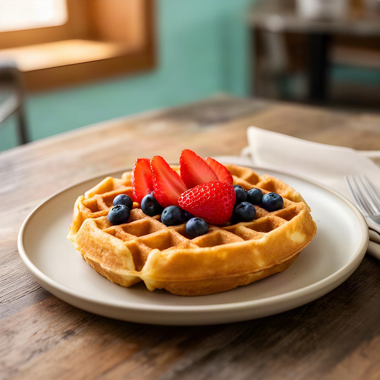 Finished waffle topped with sliced strawberries and blueberries on a plate at a neighborhood breakfast table