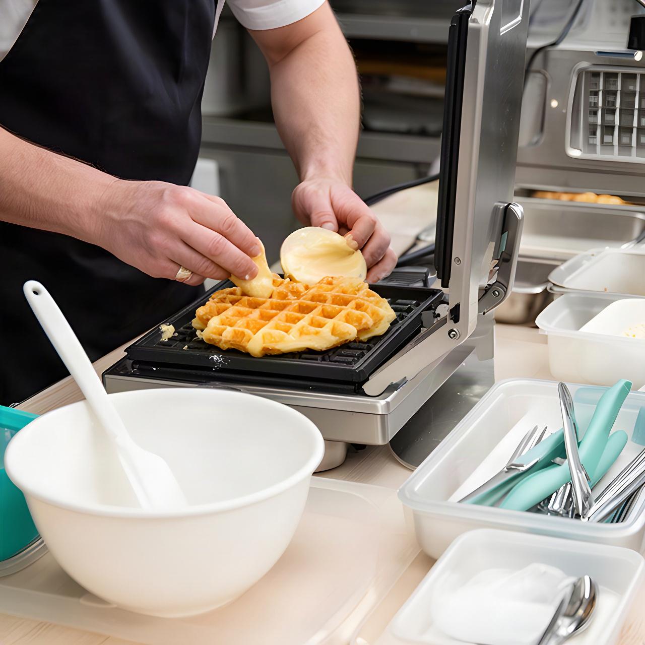 Cook preparing a waffle at a shared kitchen station with ingredient containers and clean utensils nearby