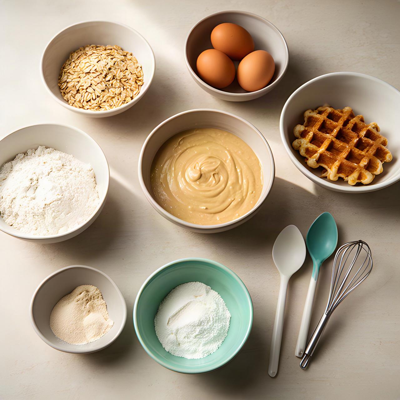 Bowls of flour, oat grains, eggs, and dairy-free ingredients beside waffle batter ready for kitchen preparation