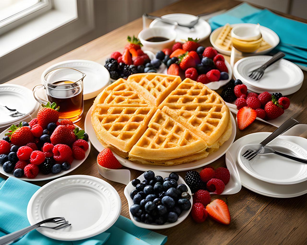 A family-style waffle breakfast spread with fresh berries, syrup, and small plates ready for a Lynwood celebration