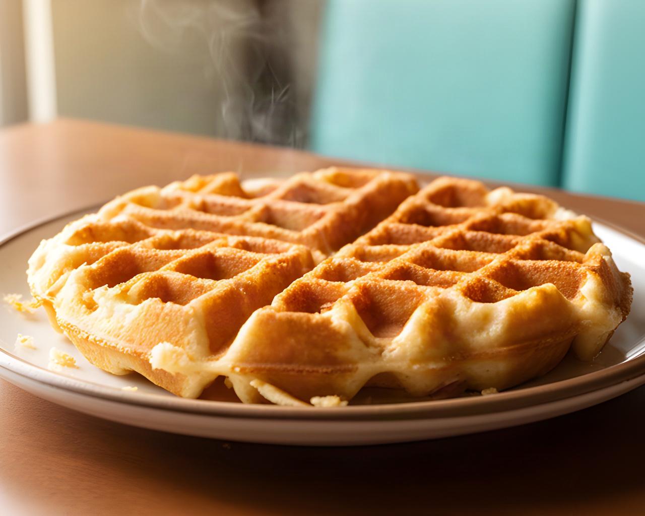 Freshly pressed golden waffle on a plate at the shop, showing its crisp edges and deep square pockets