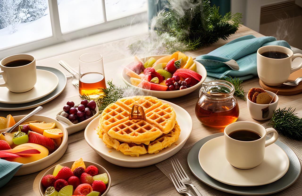 Holiday brunch spread with waffles, sliced fruit, syrup, and coffee on a family dining table