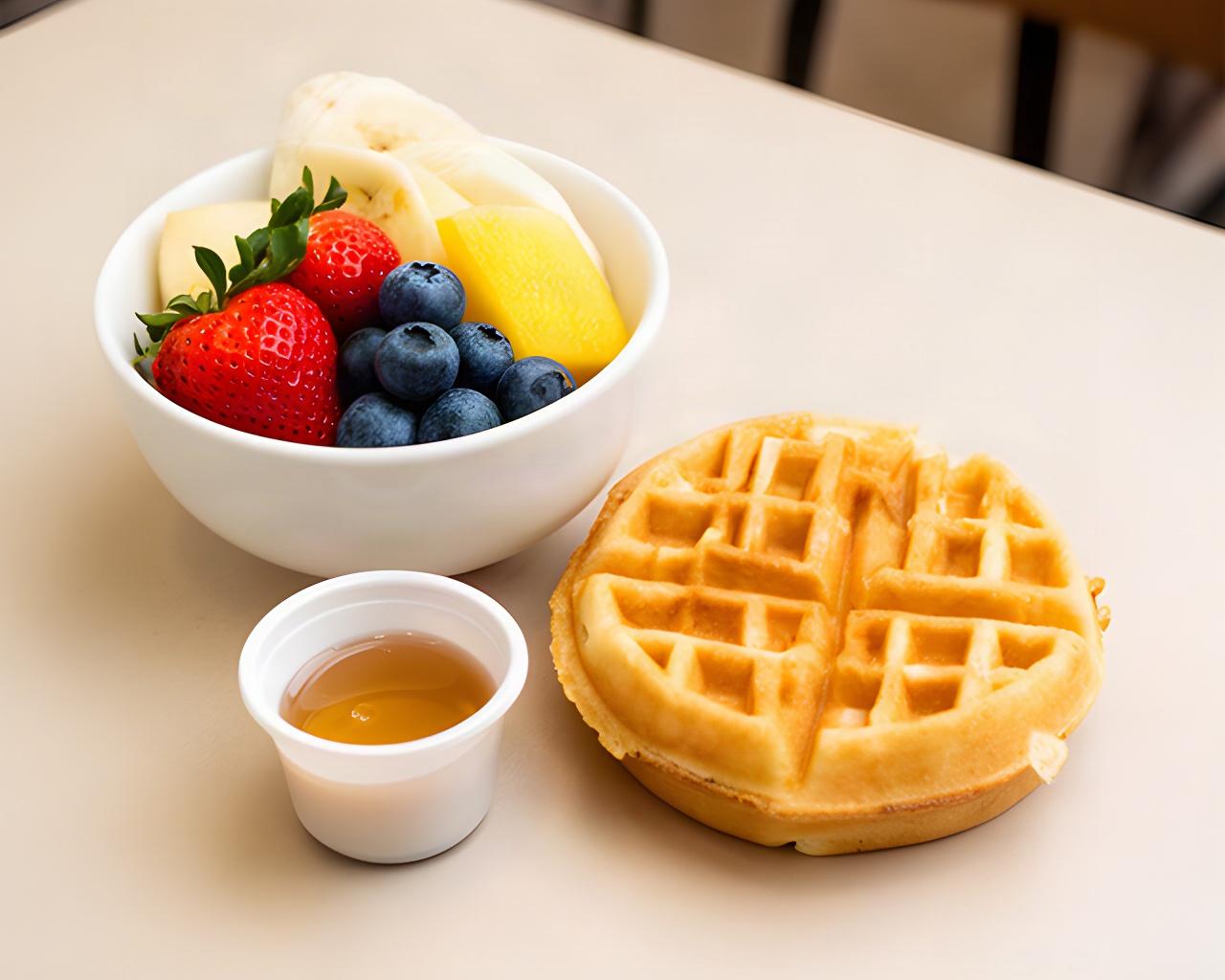 Small waffle with a light syrup cup beside a fresh fruit bowl with strawberries, blueberries, and banana