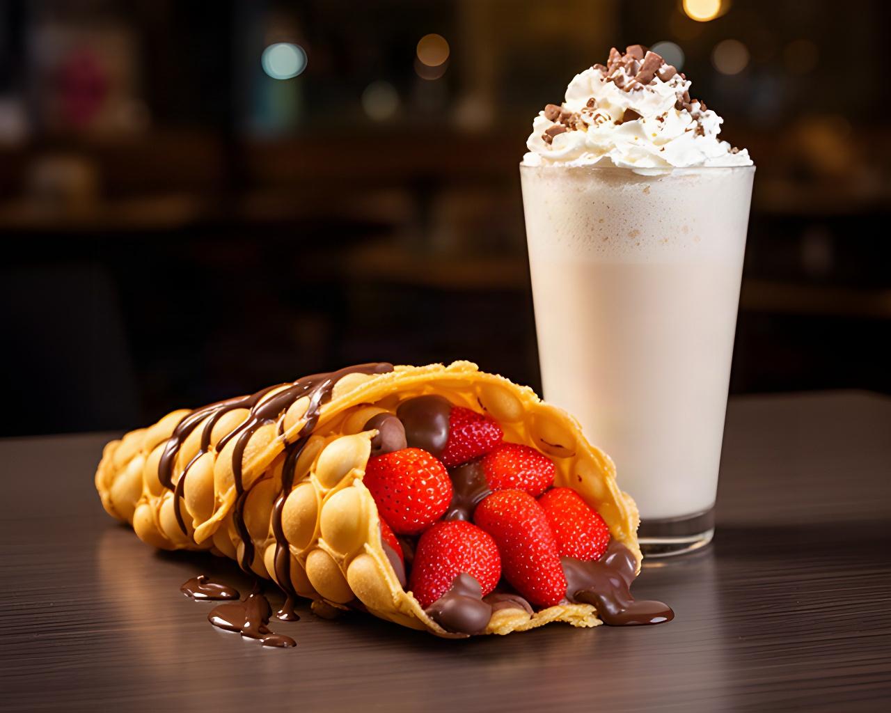 Golden bubble waffle folded around strawberries and chocolate beside a milkshake for a shared dessert order