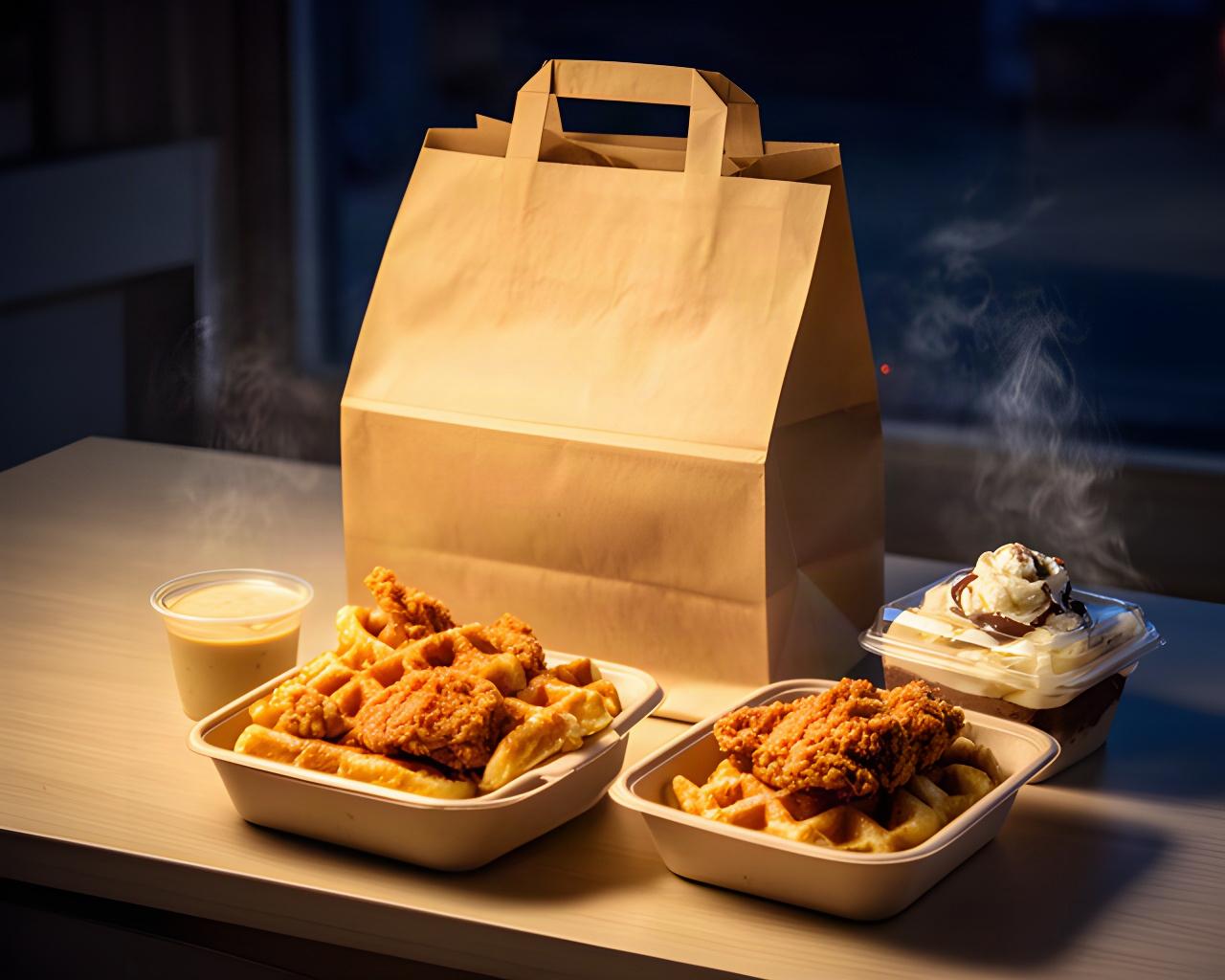 Sealed takeout bag with a savory waffle meal and dessert packed for a late-night delivery