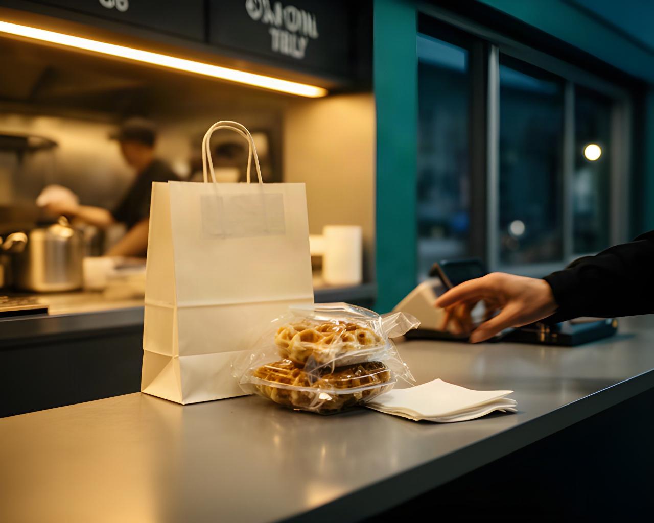 Late-night pickup counter with a clearly bagged waffle order ready for a driver at the shop