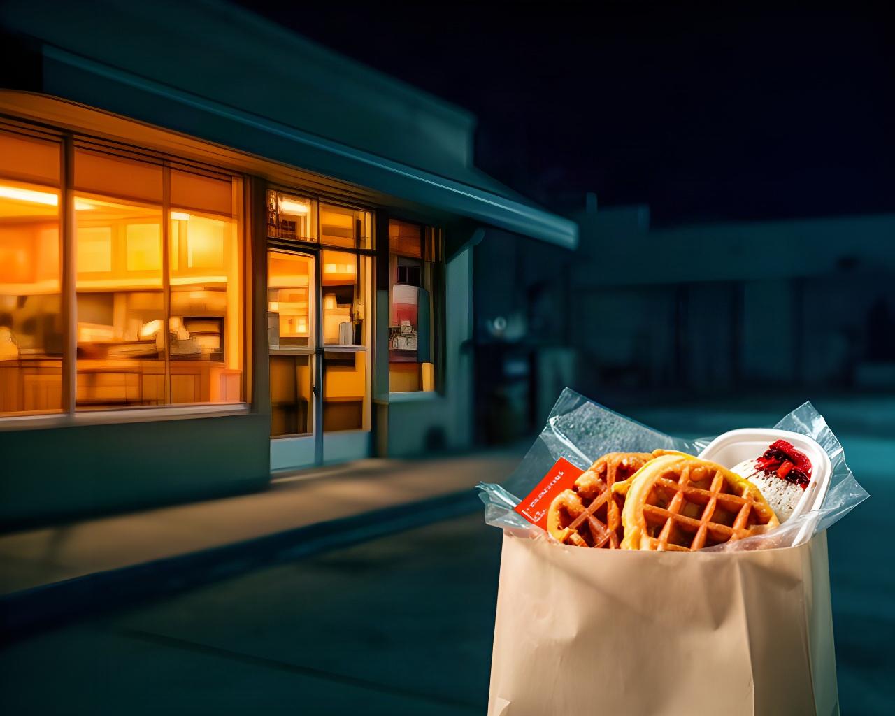 Warm shop windows glowing at night beside a freshly packed waffle order ready for pickup