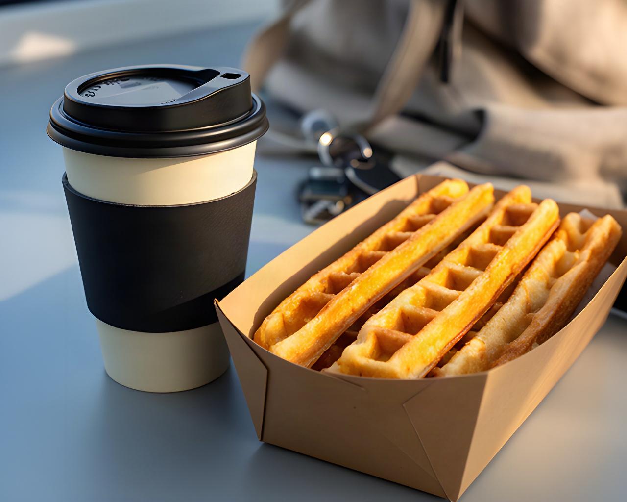 Portable waffle sticks and a takeaway coffee packed for a morning commute near Lynwood