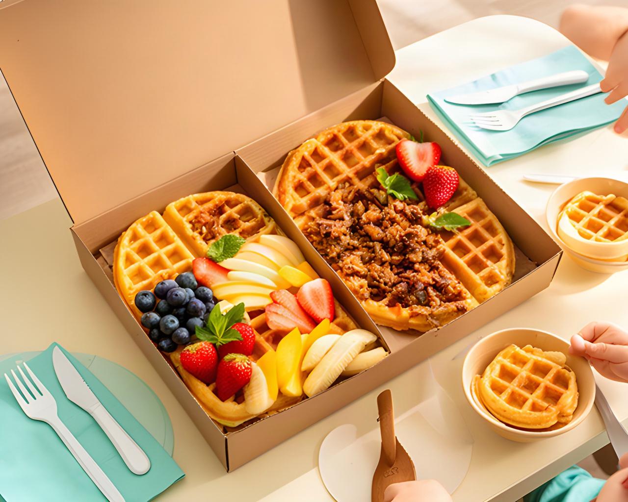 Family waffle box with sweet and savory portions, sliced fruit, and small child-sized servings