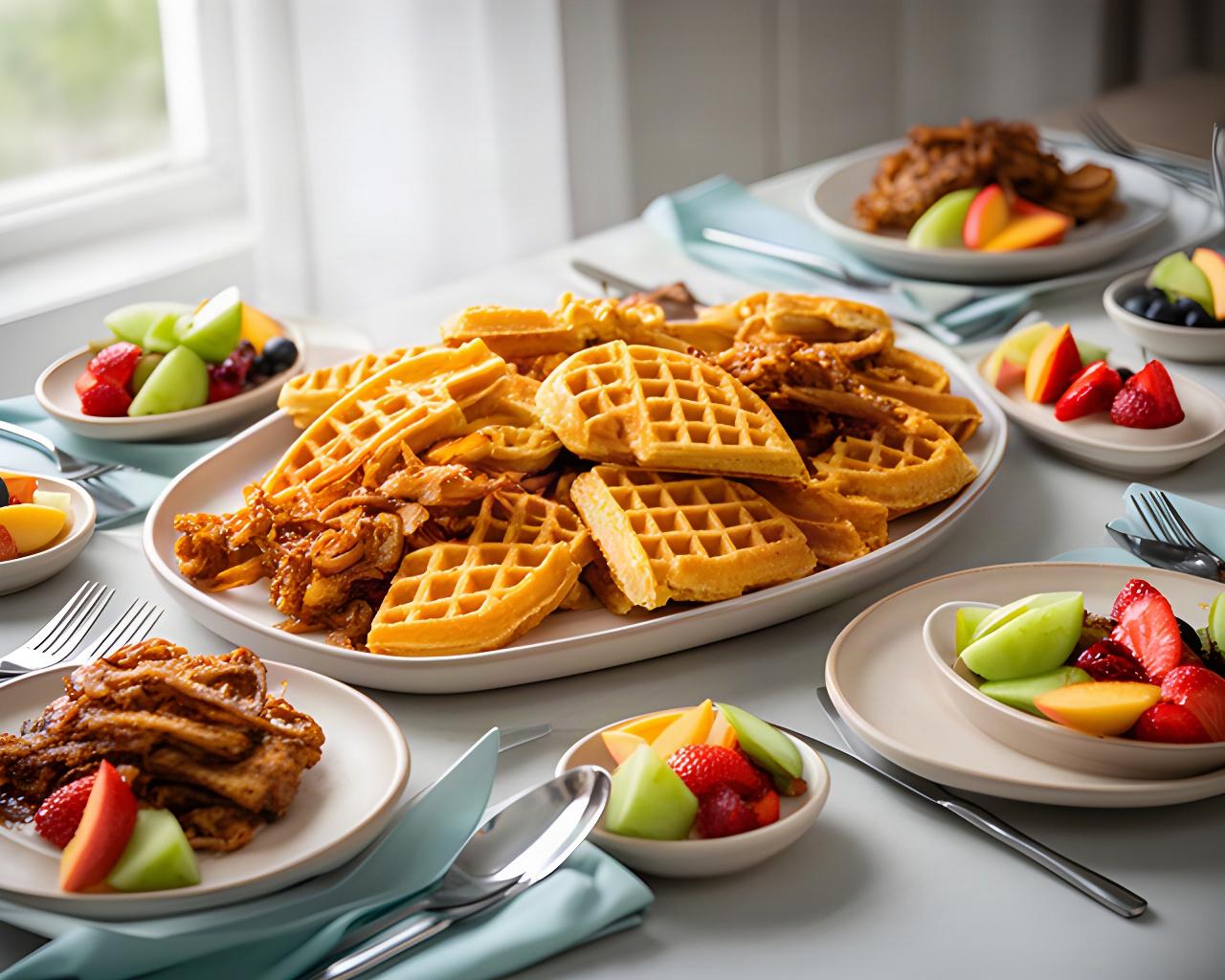 A family breakfast platter of golden waffles, crisp savory sides, sliced fruit, and child-sized portions on a shared table