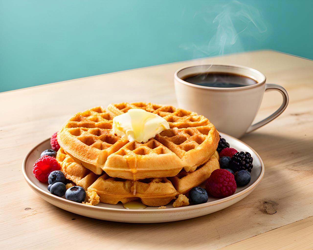 Fresh Belgian waffles stacked with butter and berries beside a coffee cup on a Lynwood breakfast table