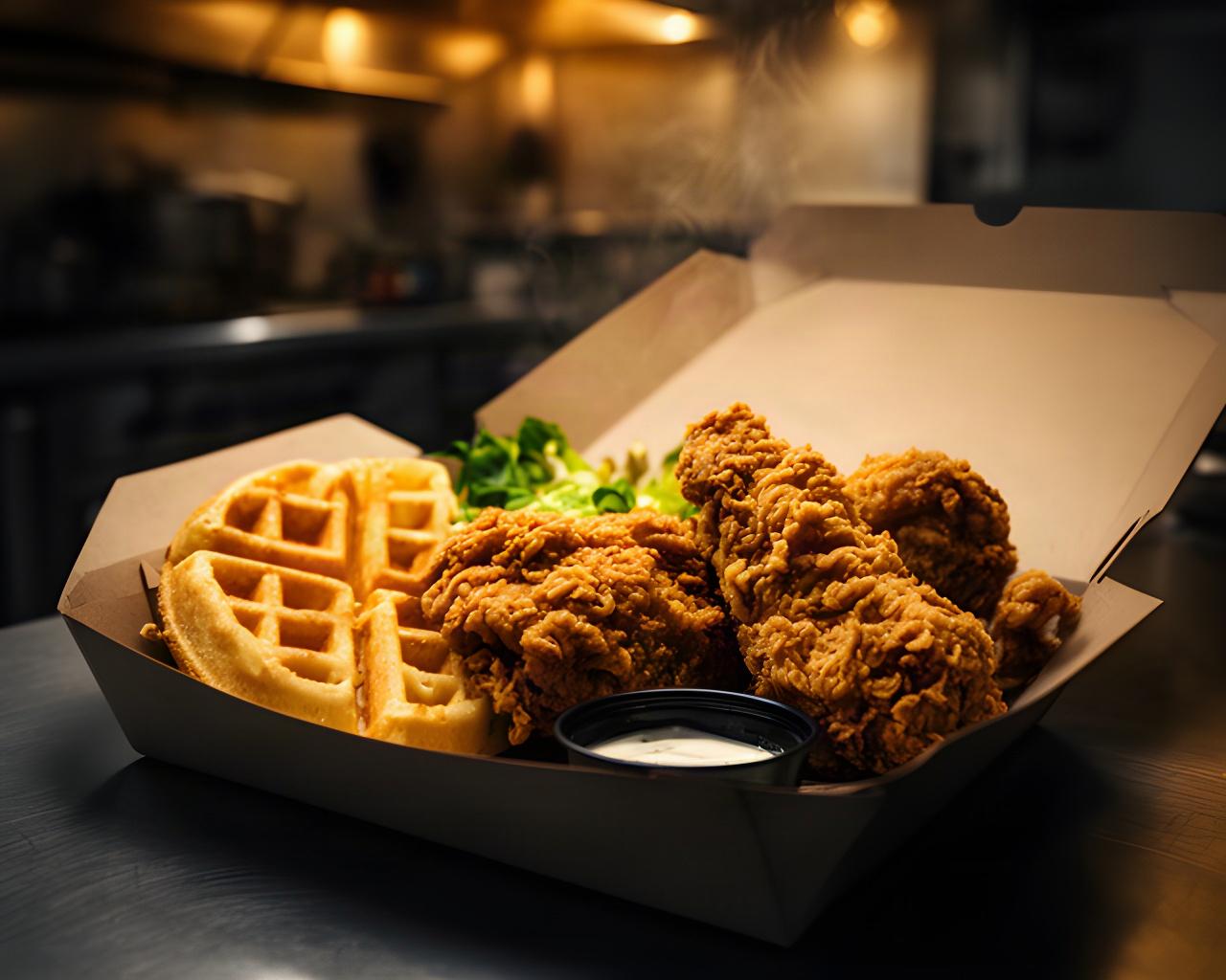Savory chicken and waffles packed for a late shift meal under warm kitchen lights