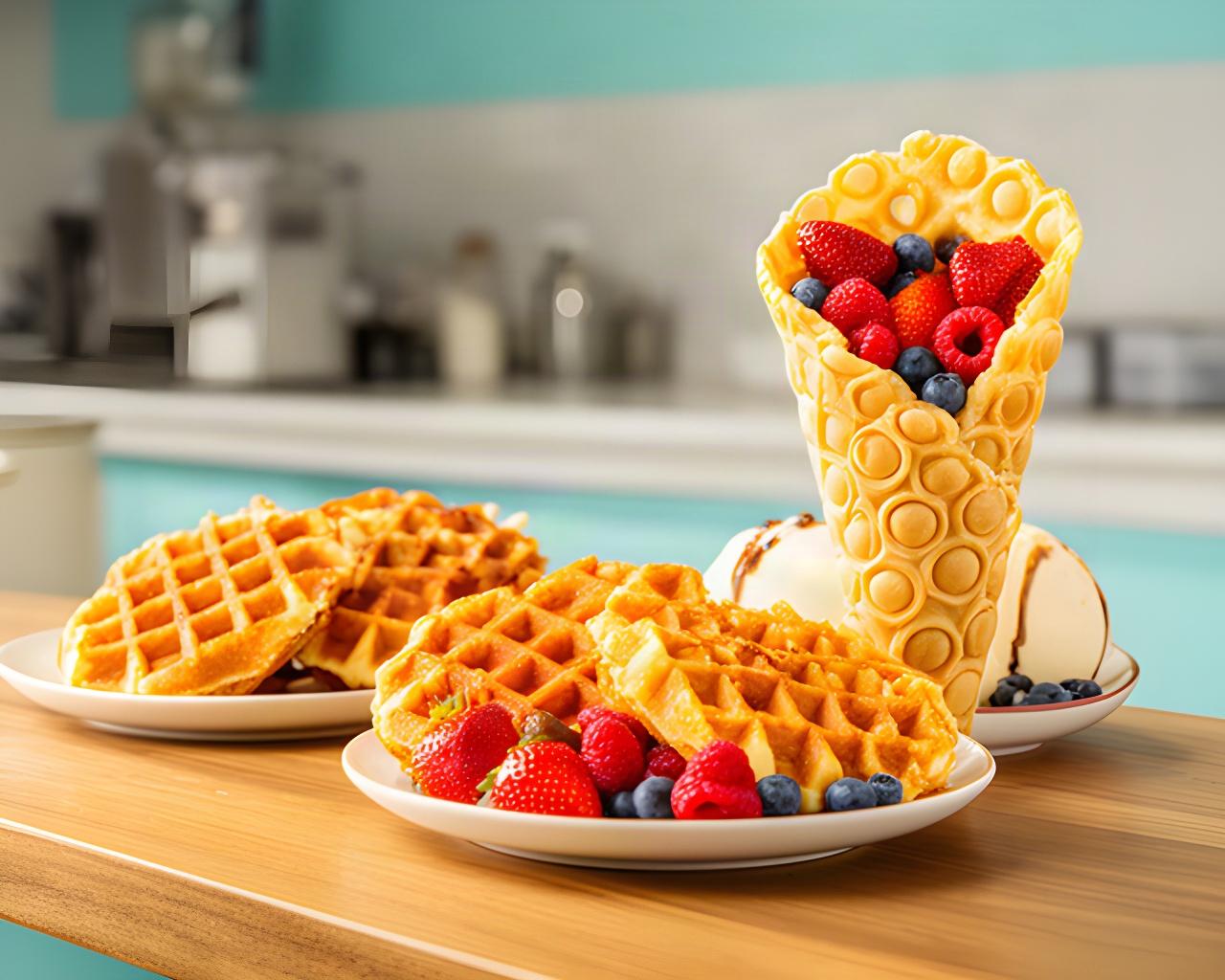 Golden waffles with fresh berries and a bubble waffle cone arranged on a cafe counter
