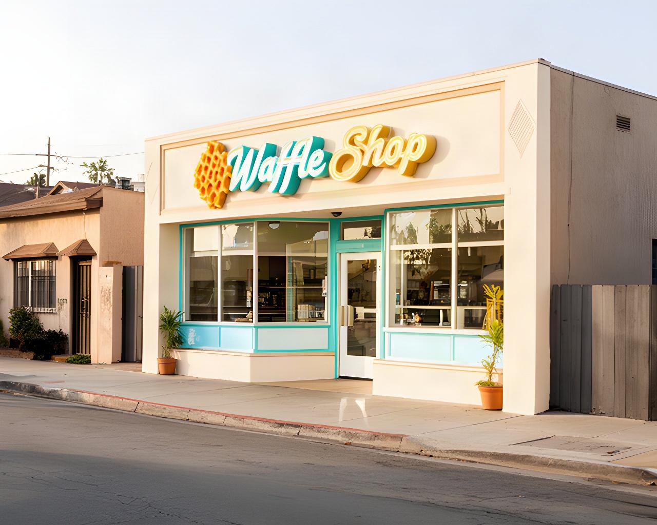 Neighborhood waffle shop storefront on a Lynwood street, with its entrance and front windows visible