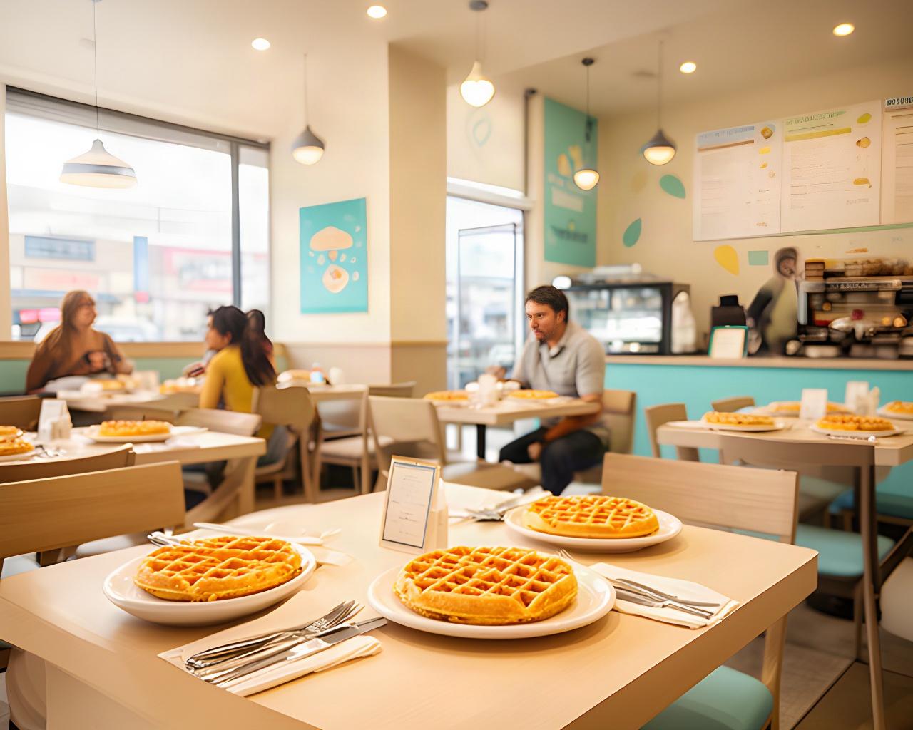 Waffle shop dining area with tables set for guests enjoying dine-in waffles in Lynwood