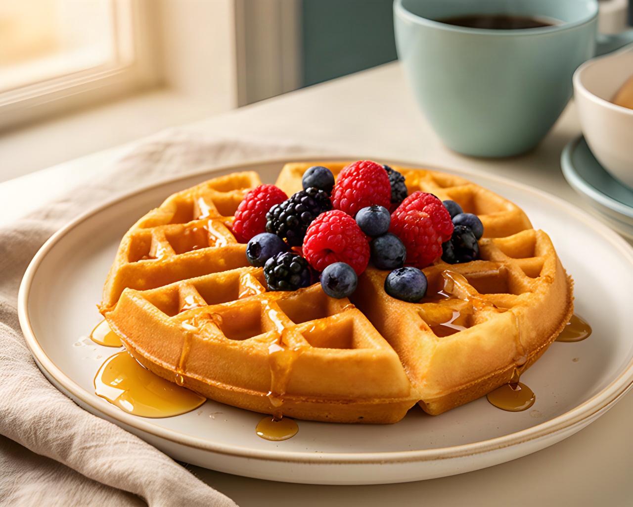 Golden Belgian waffle with berries and syrup on a ceramic plate at a Lynwood breakfast table