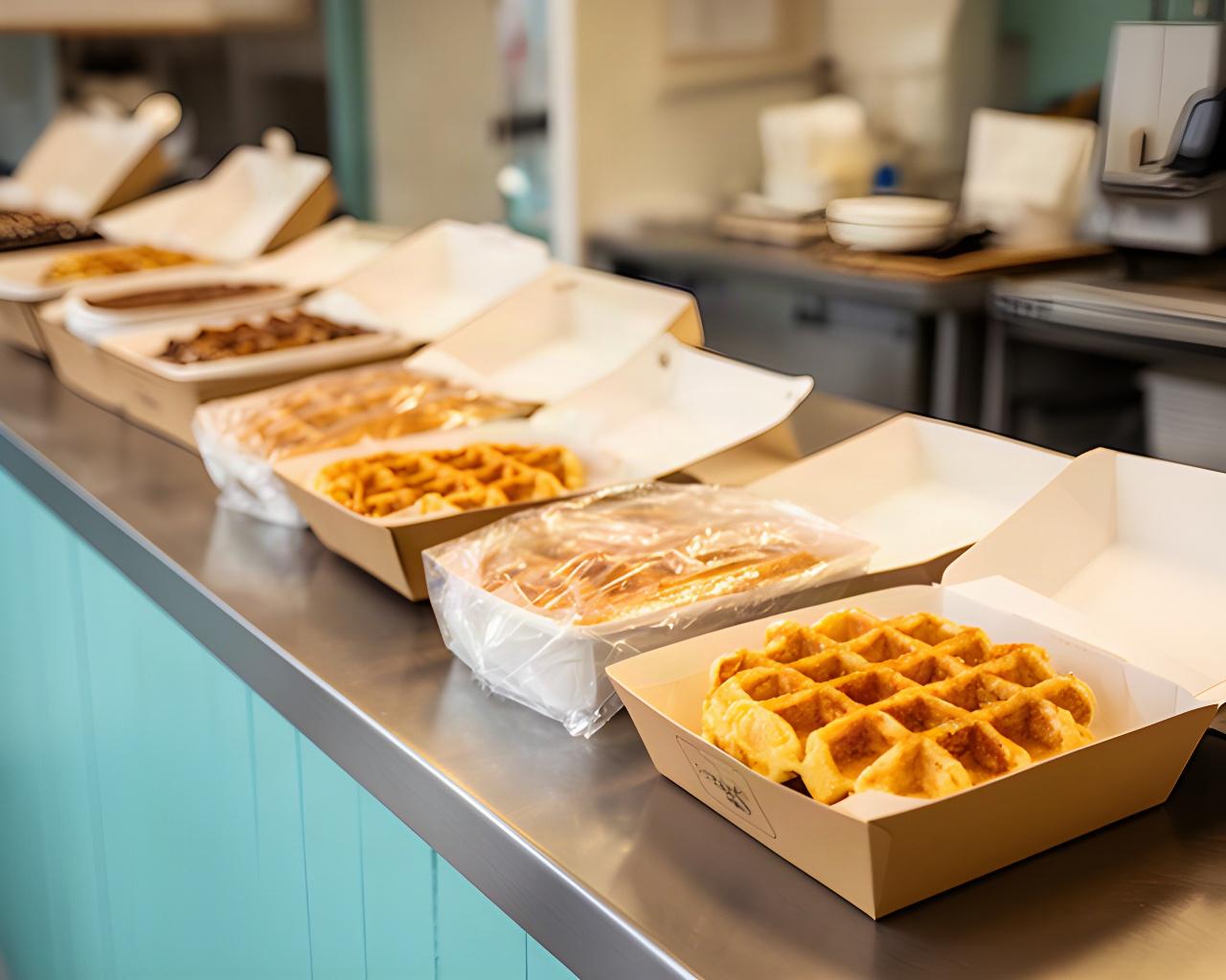 Freshly packed waffle takeout orders waiting at a neighborhood shop counter in Lynwood