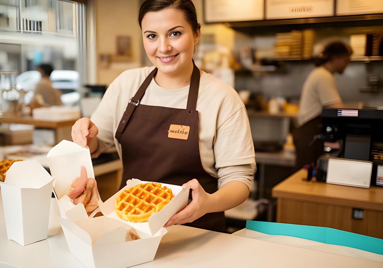 Lynwood counter team member preparing a takeaway waffle order beside the service counter