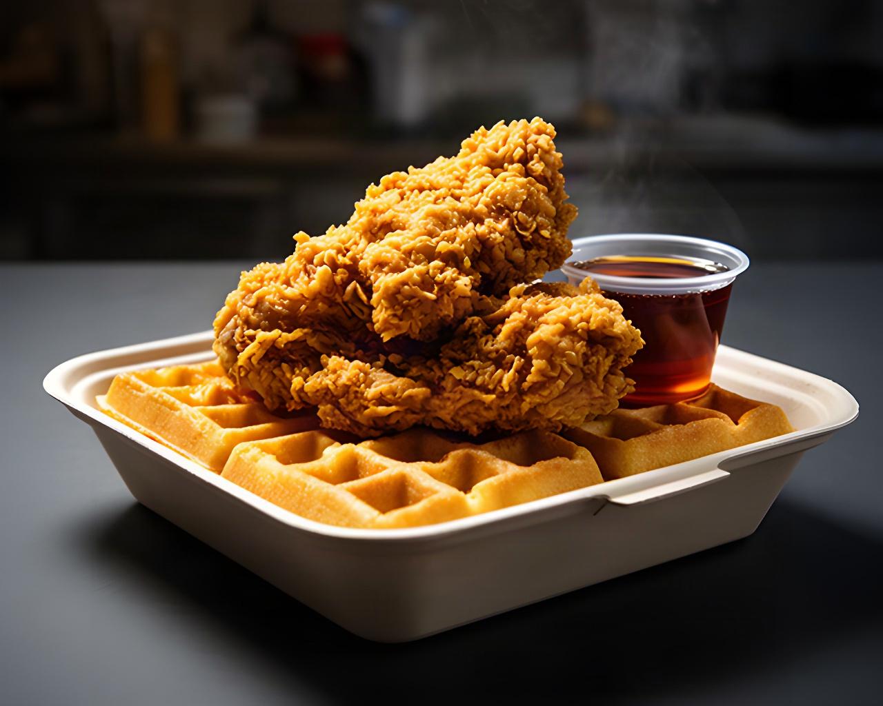 Crisp fried chicken served over a golden waffle in a takeout tray for a late shift meal