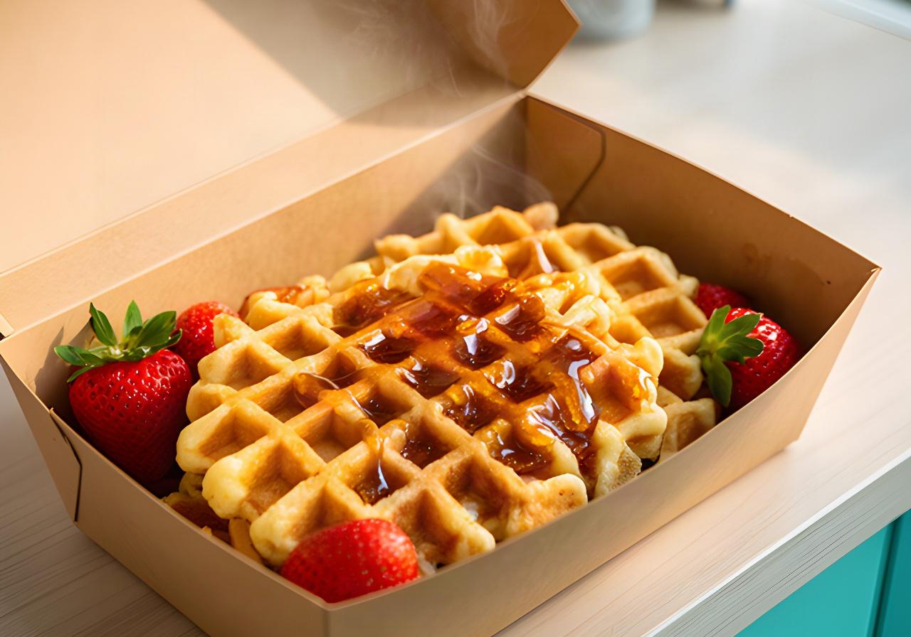 Open waffle box with freshly pressed waffles, strawberries, and syrup on a Lynwood breakfast counter