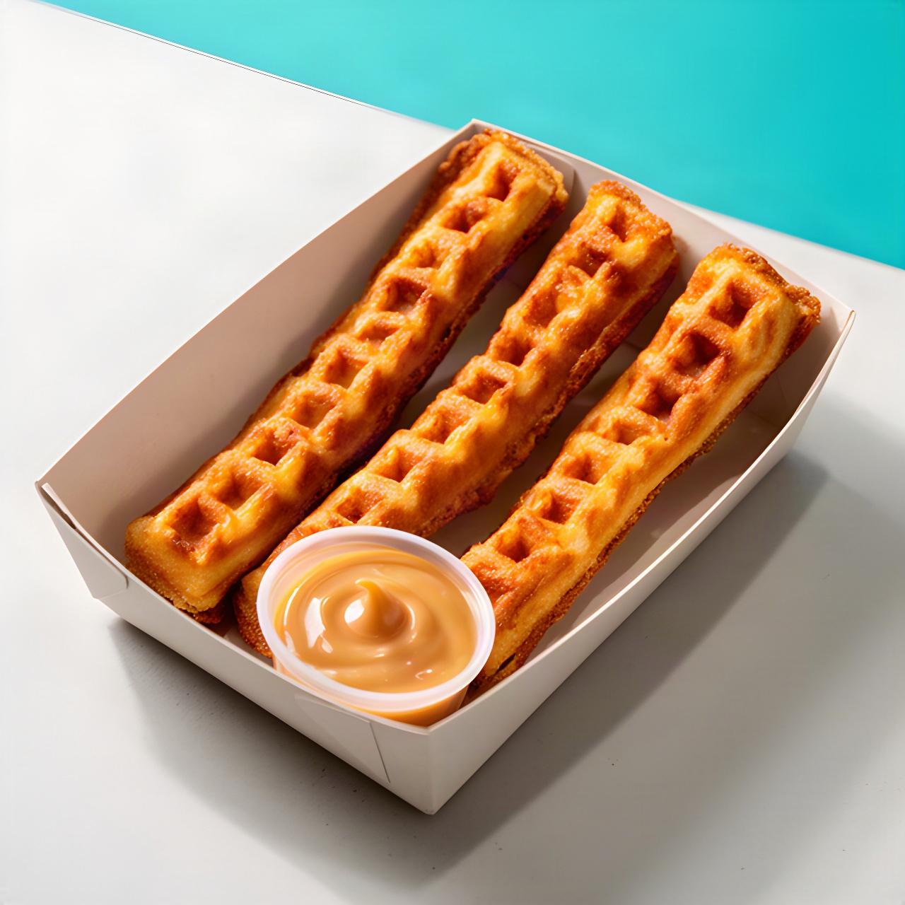 Three crisp waffle sticks with a separate small cup of dipping sauce in a takeaway tray