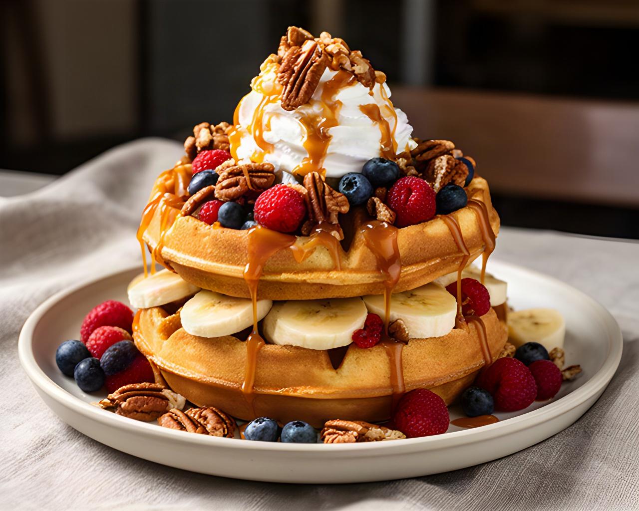Two Belgian waffles stacked with bananas, berries, toasted pecans, whipped cream, and warm caramel sauce
