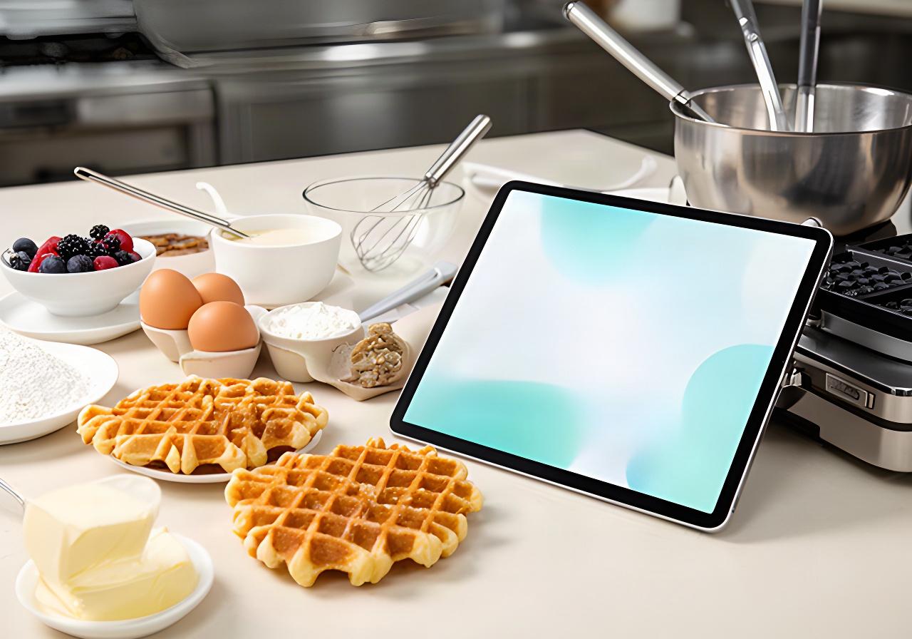 A tablet showing a restaurant order screen on a clean kitchen counter beside waffle ingredients