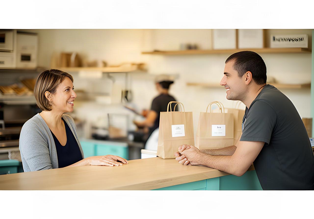 A customer speaking with a staff member at a Lynwood waffle shop counter near the pickup area