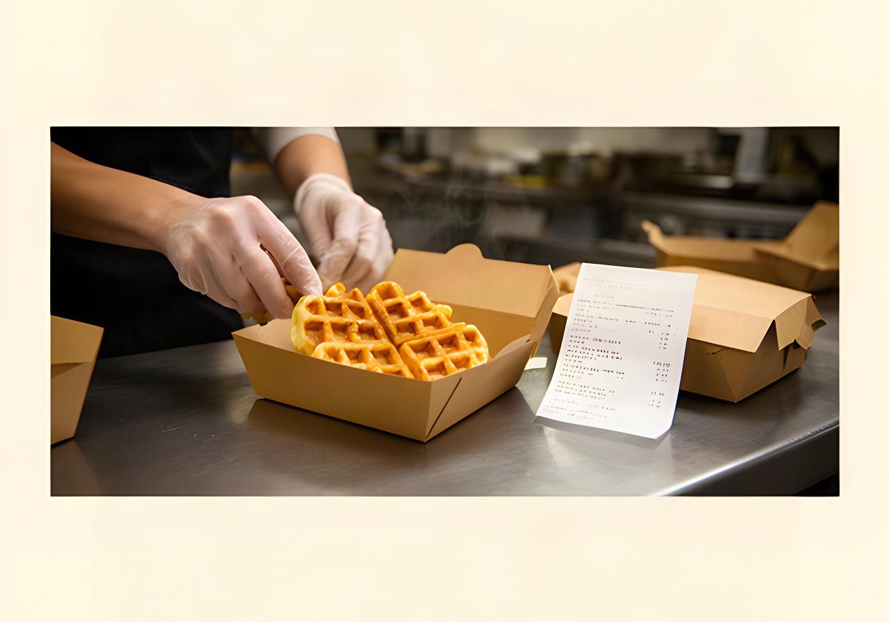 A Lynwood kitchen worker packing a freshly cooked waffle into a takeaway box beside a printed order ticket