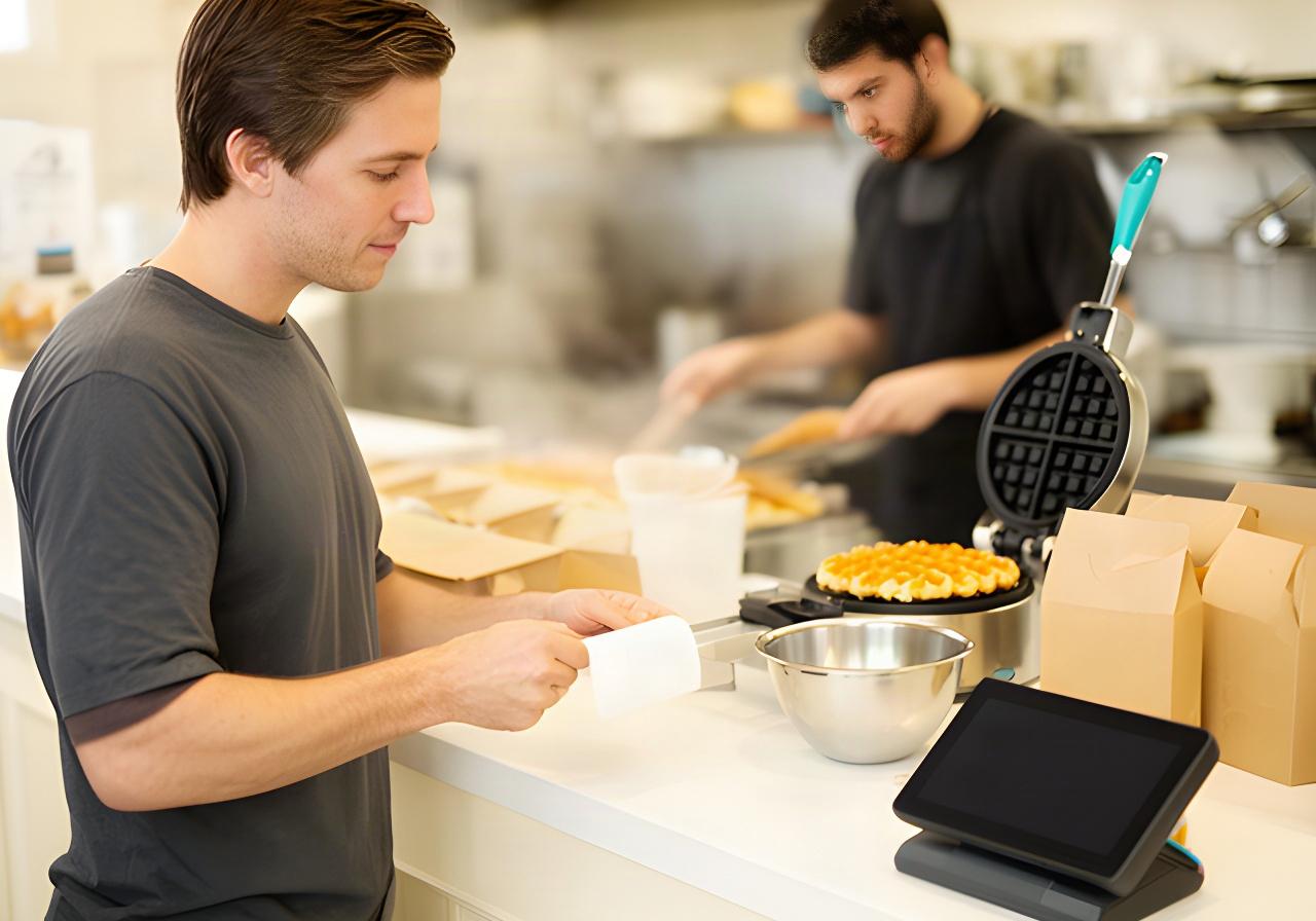 A cashier reviewing a waffle order at a counter while a cook prepares the food in the background