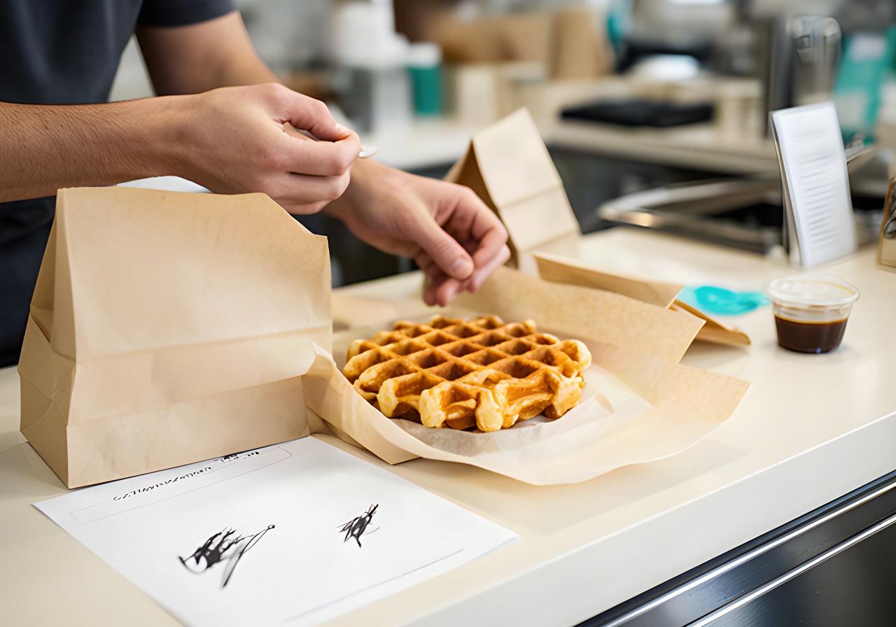 A waffle order being checked at a counter with a takeout bag and handwritten customization notes