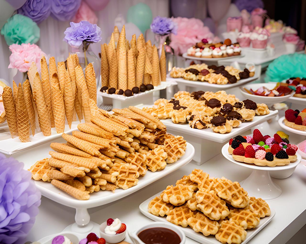 A celebration dessert table with waffle sticks, bubble waffle cones, and sweet waffle pieces arranged on serving trays