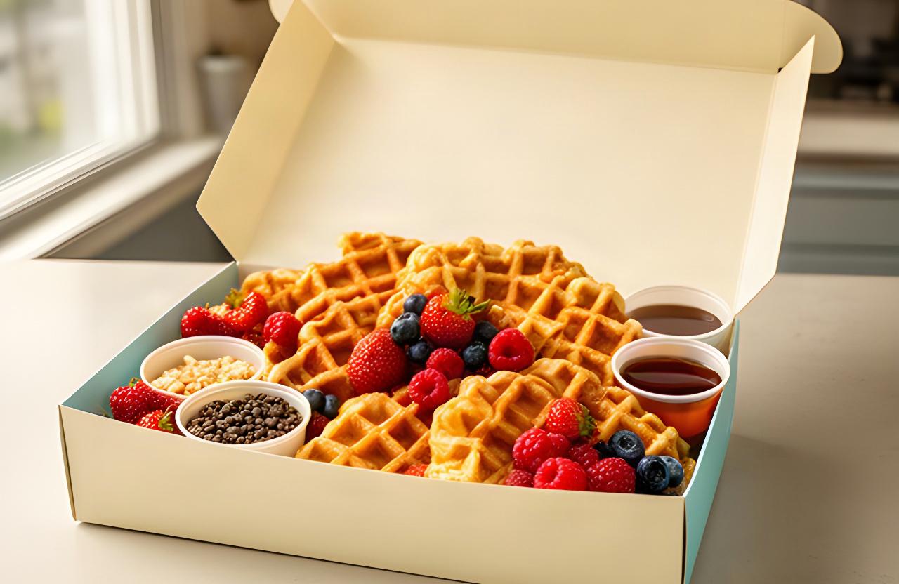 Open waffle gift box with fresh berries and syrup cups arranged on a Lynwood kitchen counter