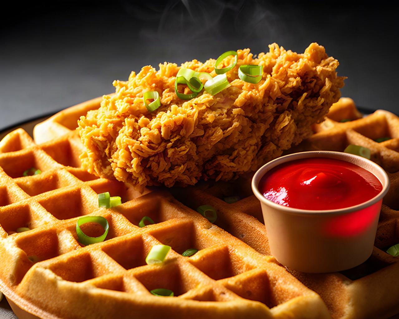 Close view of a savory waffle topped with fried chicken and a small cup of red pepper sauce