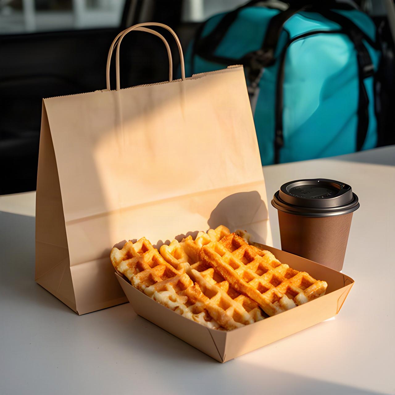 Breakfast takeaway bag with waffle sticks and coffee ready for a student or delivery driver