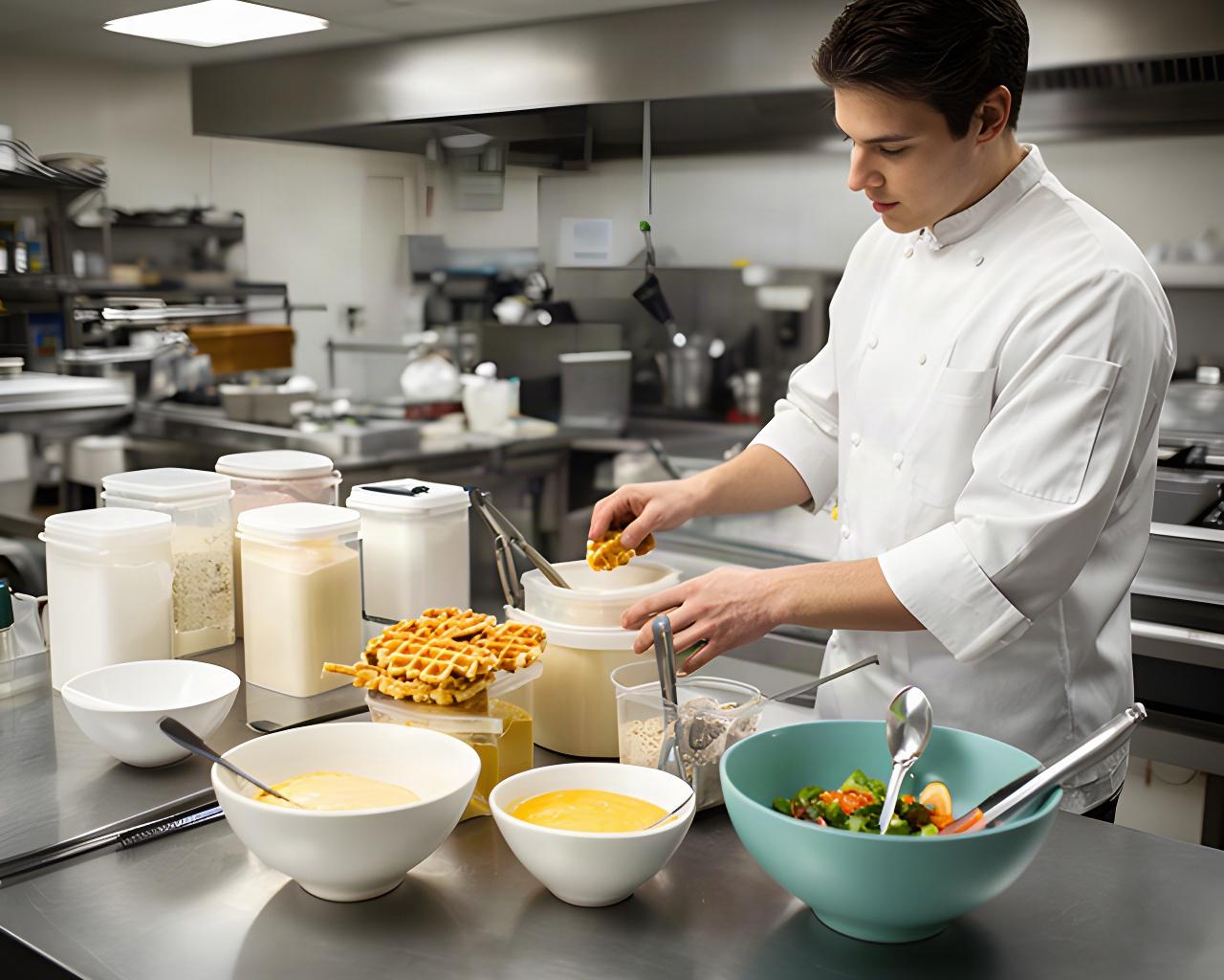 Cook checking waffle ingredients and utensils at a shared kitchen preparation station