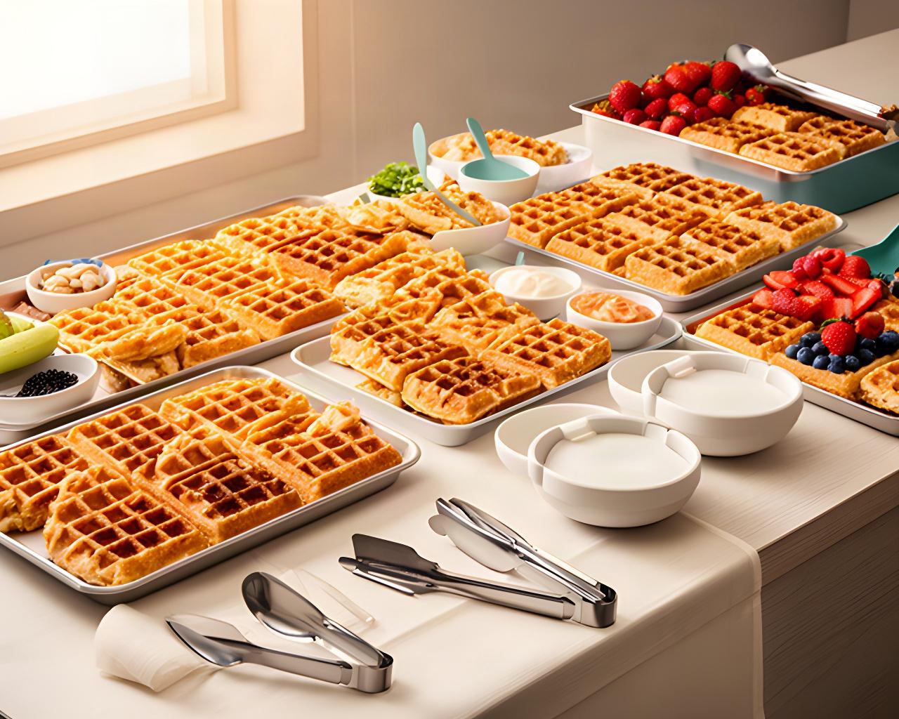 Waffle catering trays arranged on a preparation table with serving utensils ready for a local event