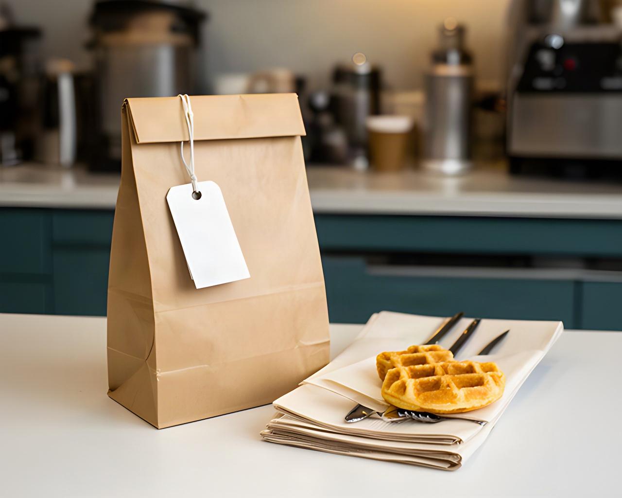 Sealed waffle takeout bag and a labeled pickup order waiting on a cafe counter