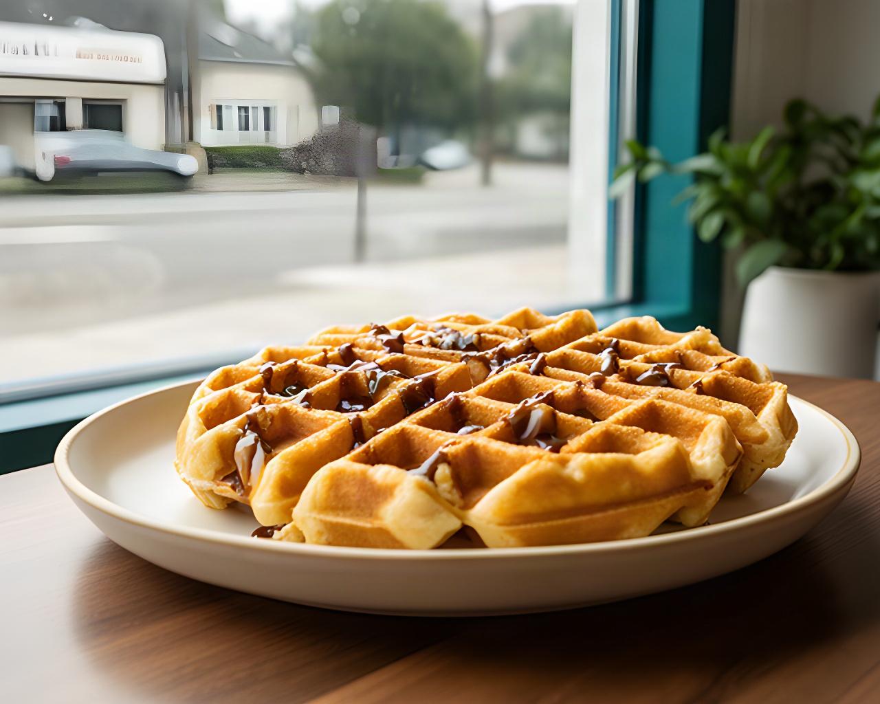 Freshly cooked golden waffles on a serving plate beside a neighborhood cafe window in Lynwood