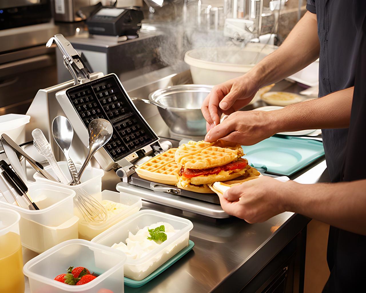 Waffle cook preparing a made-to-order meal at a clean stainless-steel counter